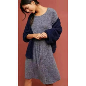 Anthropologie Sweater A Line Midi Dress M Marled Navy 3/4 Sleeve Tie Waist NWT